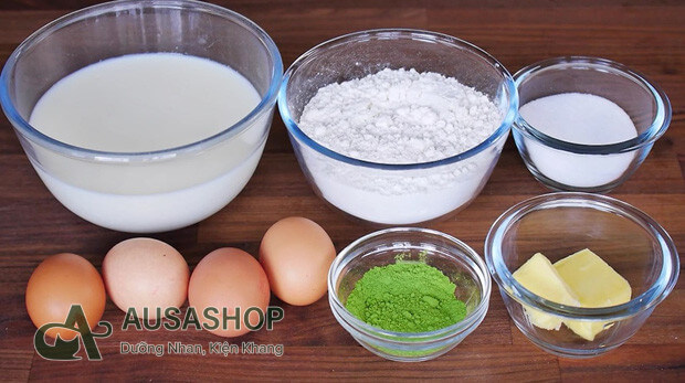 Hình ảnh các nguyên liệu cần thiết để làm nên chiếc bánh crepe matcha ngàn lớp