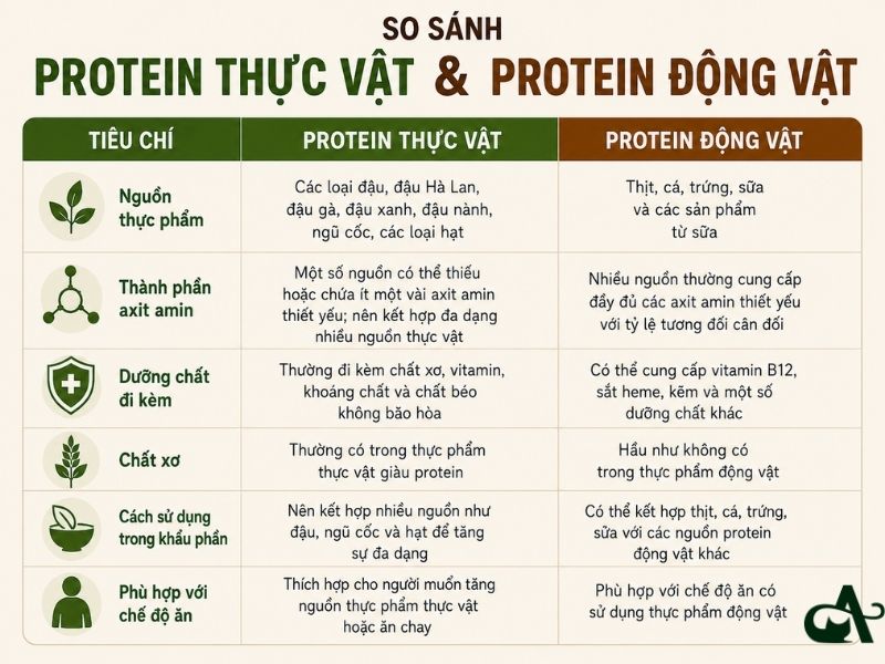 bảng so sánh protein động vật và thực vật